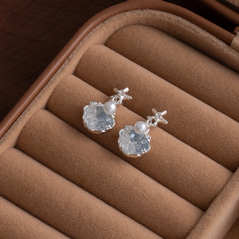 Starfish Artificial Pearl Drop Earrings With Silver Earring Post Alloy Rhinestone Blue Crystal Seaside Vacation Style For Women