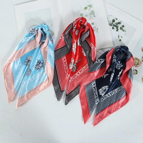 Elegante Foulard Quadrato Da Collo Effetto Raso Satin Stampa Floreale Geometrica Accessorio Per Divisa Professionale Da Donna