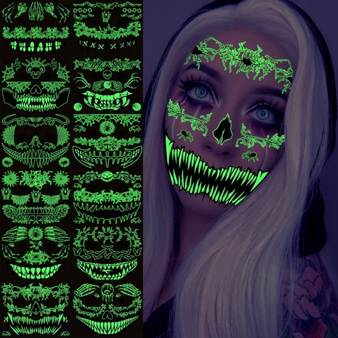 Adesivi Per Tatuaggi Temporanei Luminosi Halloween Bagliore Al Buio Decalcomanie Viso Bocca Spaventosa Impermeabile Per Trucco