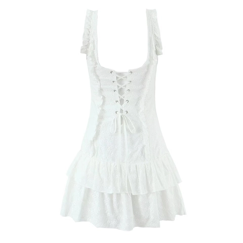White Cotton Eyelet Embroidery Mini Dress Sleeveless Ruffle Tiered Lace Up Square Neck Summer