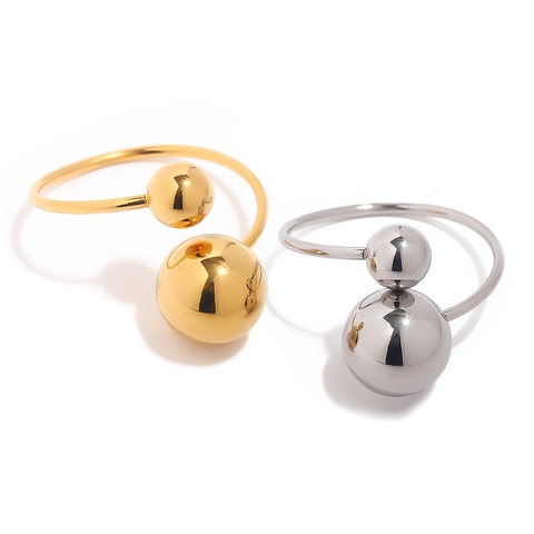Stainless Steel Double Ball Open Ring 18K Gold Plated Minimalist Geometric Adjustable Fashion Jewelry For Women