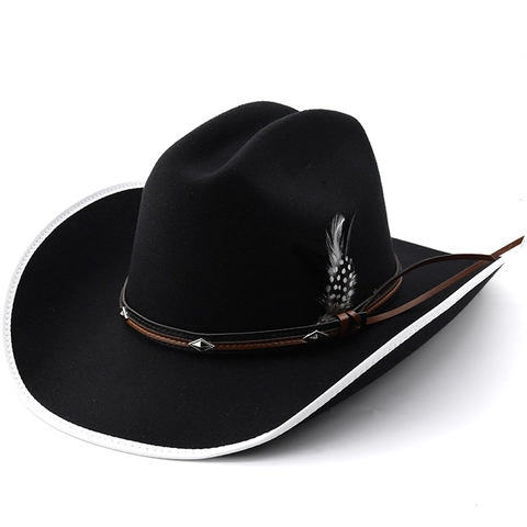 Chapeau De Cowboy Occidental Fedora En Feutre De Polyester À Bord Large Avec Plume Et Bande En Cuir Rivets Métalliques Style Rétro