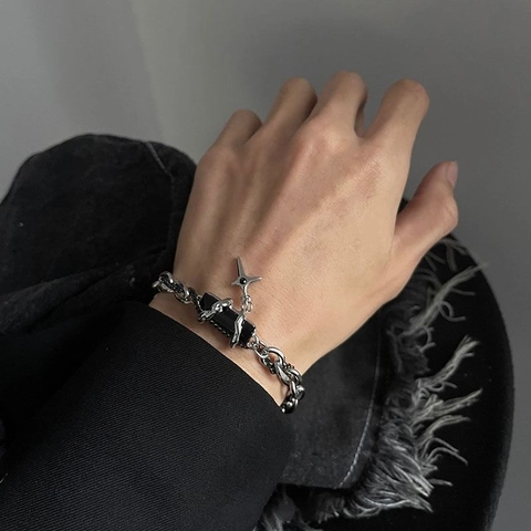 Bracciale In Acciaio Inossidabile Con Pietra Sintetica Rettangolare E Ciondolo A Croce Stella Uomo Donna Stile Punk