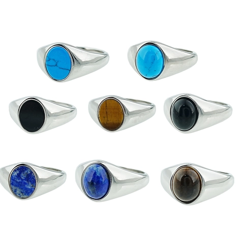 Vintage Signet Ring Titanium Steel Oval Gemstone Inlay Turquoise Tiger Eye Black Agate Men Unisex Retro Jewelry Gift