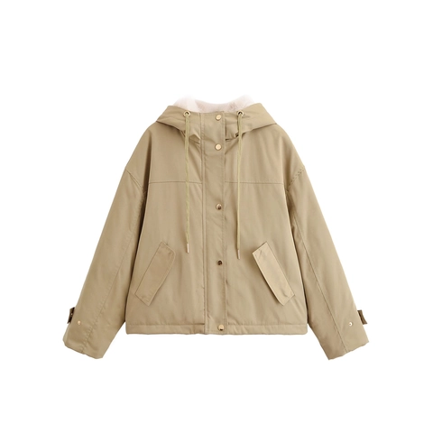 Veste Parka Kaki Pour Femmes Avec Col En Fausse Fourrure Capuche Fermeture Éclair Cordon Manteau Court Décontracté