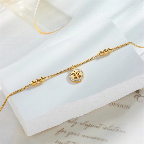 Edelstahl Lebensbaum Anhänger Fußkettchen Gold Vergoldet Perlenkette Strass Fußschmuck Für Damen Mädchen Verstellbar