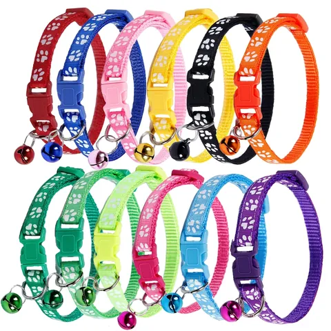 Adjustable Pet Collar With Bell Paw Print Pattern Nylon Webbing For Cats And Small Dogs Safety Plastic Buckle