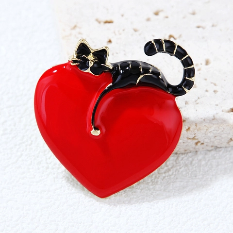 Spilla Gatto Nero Carino Cuore Rosso Pin Smalto Lega Distintivo Risvolto Animale Cartone Animato Accessori Abbigliamento Donna