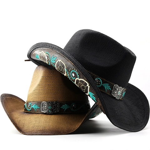 Western Cowboy Strohhut Ethnisch Bestickt Band Schmetterlingsschnalle Sonnenschutz Sommer Retro Jazz Mütze Damen Herren