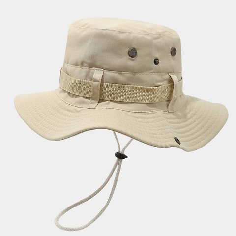 Outdoor Tactical Boonie Hat Wide Brim Polyester Breathable Sun Protection Windproof Rope Hiking Fishing Men Women