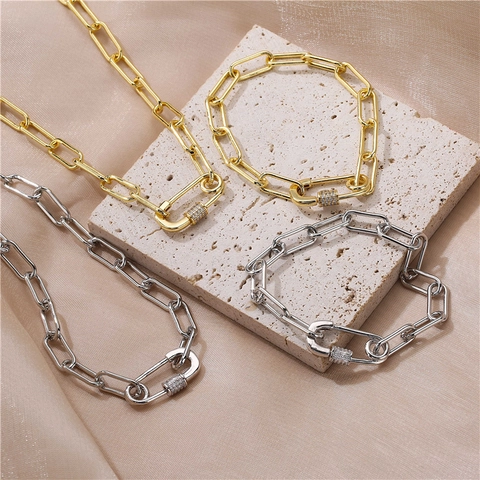 Stainless Steel And Brass Paperclip Link Chain Necklace Bracelet With Micro Pave Zircon Carabiner Clasp Hip Hop Style