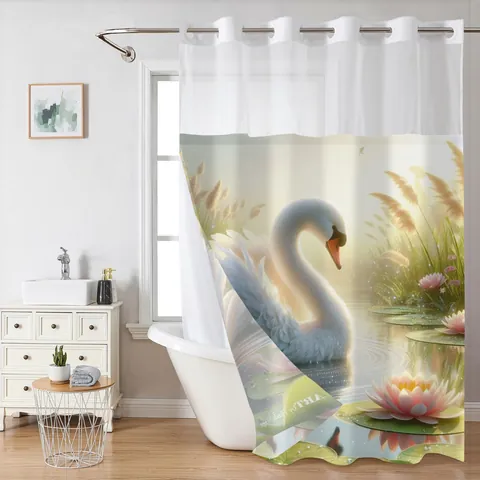 Shower Curtain And Mat Waterproof Polyester Hookless Double Layer Removable Liner Swan Lotus Print Artistic Bathroom Decor