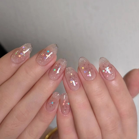 Press On Nails Almond Shape Pink Gradient Silver Glitter Holographic Heart Sequins Artificial False Finger Nails For Women