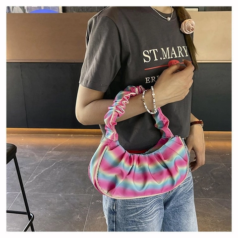Borsa Sottobraccio Pieghettata Arcobaleno Per Donna Moda Pelle PU Borsa A Tracolla Cloud Scrunchie Elegante Hobo