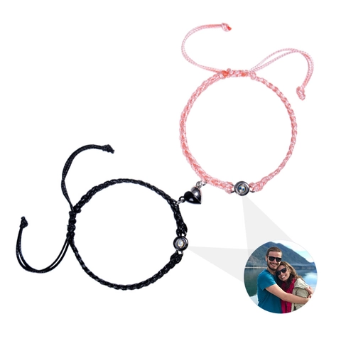Bracciali Di Coppia In Corda Intrecciata A Mano Con Attrazione Magnetica A Cuore E Pietra Di Proiezione Ti Amo In 100 Lingue