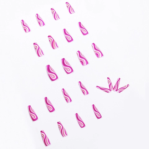 Uñas Postizas Press On Forma Ataúd Larga Plástico ABS Patrón Ondas Remolino Rosa Blanco Estilo Arte Moda Mujer