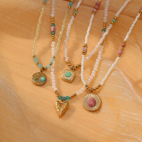 Collana di Perline in Acciaio Inossidabile per Donna Ciondolo Cuore Girasole Placcato Oro Gioielli Strass Perle Artificiali