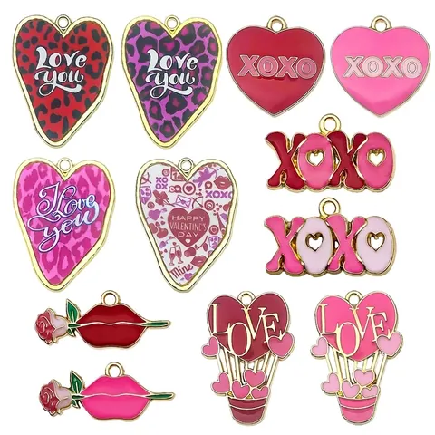 Dijes De San Valentín De Aleación De Esmalte Colgantes Forma Corazón Rosa Labios Xoxo Para Hacer Joyas Diy Pulsera Collar