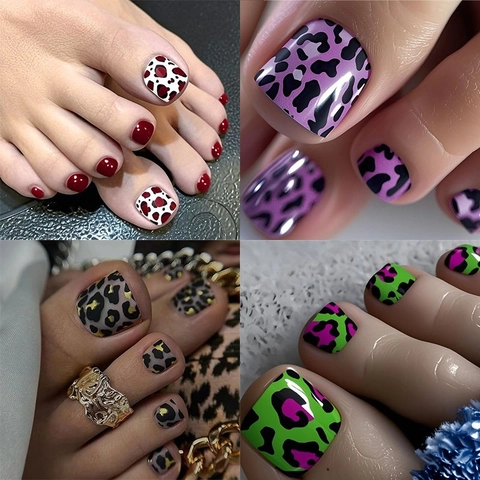Unghie Finte Piedi Stampa Leopardata Unghie A Pressione Motivo Mucca ABS Decorazione Piedi Donna
