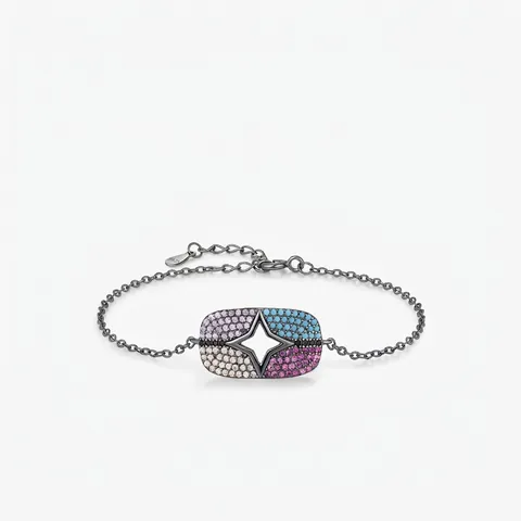 Schwarzes 925 Sterling Silber Armband Bunte Zirkonia Hohlstern Rechteckiger Anhänger Schmuck Für Damen