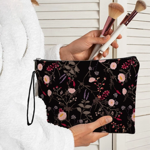 Borsa Da Trucco Donna Stampa Floreale Lino Fine Portatile Cerniera Beauty Case Viaggio Organizzatore Pochette