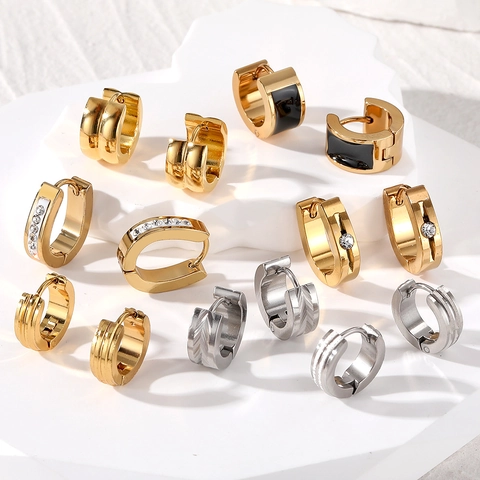 Stainless Steel Hoop Earrings Geometric Striped Minimalist Huggie For Men Unisex Gold Silver Inlaid Zircon
