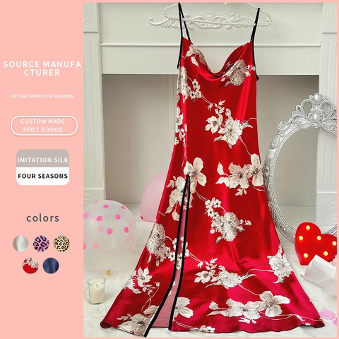 Women Long Nightgown Imitation Satin Satin Spaghetti Strap Cowl Neck High Slit Sexy Elegant Sleepwear Nightdress