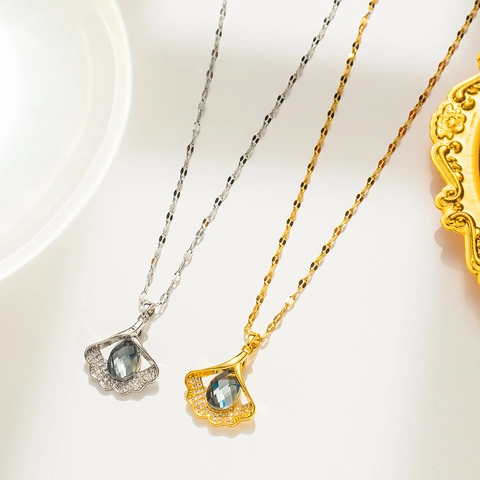 Titanstahl Ginkgoblatt Anhänger Halskette Für Damen Elegant Strass Eingelegt Fächerförmig Schlüsselbeinkette Schmuck Geschenk