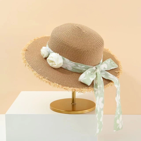 Damen Sommer Stroh Sonnenhut Flache Krone Ausgefranste Kante Rose Blumenband Schleife Breite Krempe Atmungsaktiv Strand Urlaub Hut