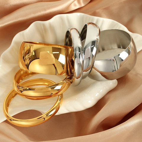 Minimalist Stainless Steel Bangle Bracelet For Women Men Smooth Mirror Polish Wide Chunky Metal Cuff Fashion Jewelry