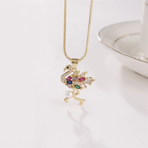 Flamingo Pendant Necklace Copper Gold Plated With Zircon And Artificial Pearl Elegant Animal Jewelry For Women