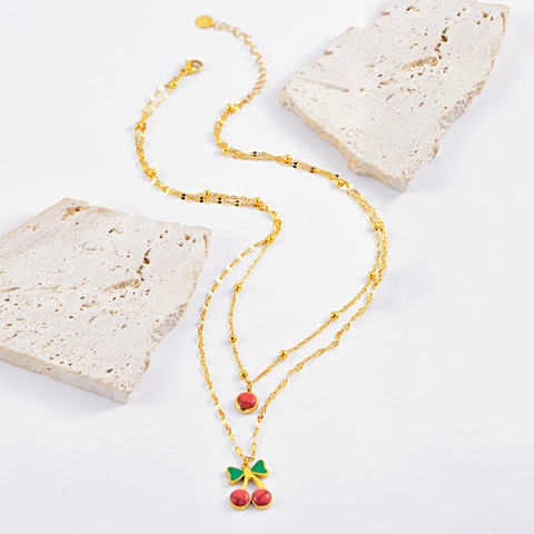 Collana A Più Strati In Acciaio Inossidabile Con Perle Rosse E Ciondolo Ciliegia Gioiello Dolce Da Donna