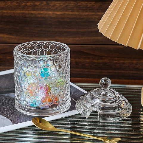 Glass Storage Jar With Lid Embossed Honeycomb Pattern European Style Candy Box Jewelry Organizer Decorative Food Tank Home Decor