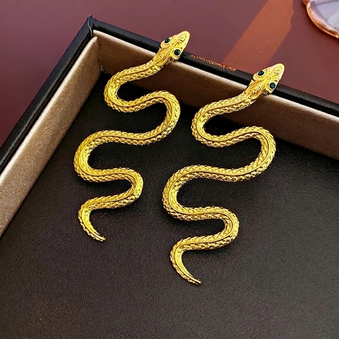 Orecchini A Lobo Serpente Esagerati Lega Placcata Oro Con Perno In Argento Occhio Strass Verde Animale Per Donna