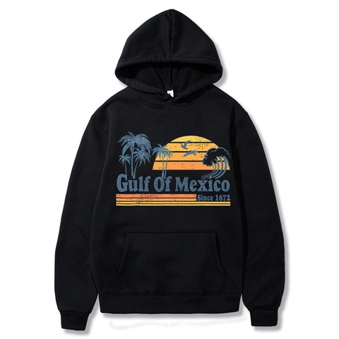 Gulf Of Mexico Retro Beach Print Hoodie Men Long Sleeve Drawstring Kangaroo Pocket Polyester Sweatshirt Casual