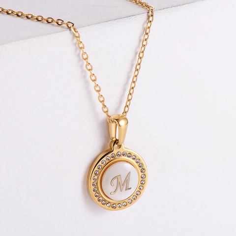 Initial Letter Pendant Necklace Stainless Steel Mother Of Artificial Pearl Rhinestone Round Medallion Dainty Jewelry For Women