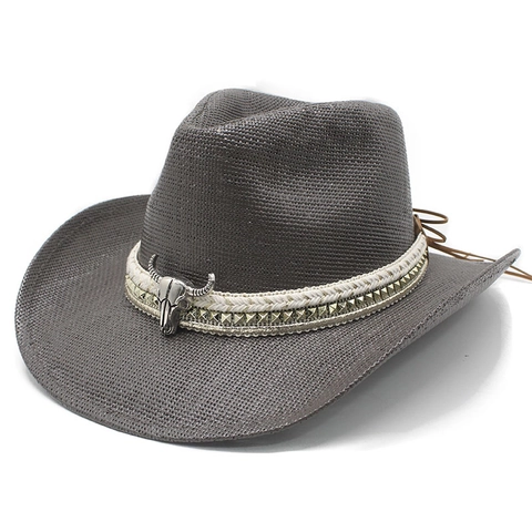 Cappello Di Paglia Cowboy Western Con Decorazione Metallo Teschio Di Toro Tesa Larga Protezione Solare Stile Etnico Retrò