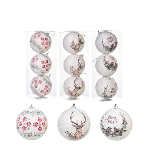 Boules De Noël En Mousse Blanche Ornements Avec Texture De Flocon De Neige Scintillante Motifs De Renne Oiseaux Pour Sapin