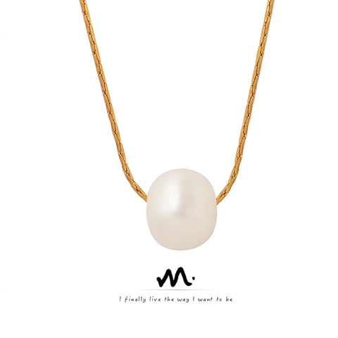 Collana Con Pendente Di Perla de Agua Dulce D'acqua Dolce Minimalista Acciaio Al Titanio Placcato Oro 18K Stile Francese Donna