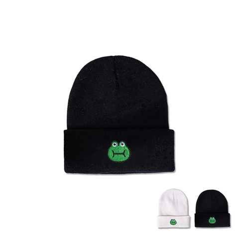 Cute Frog Embroidery Knitted Beanie Hat Acrylic Warm Cuffed Winter Skull Cap For Men Women Trendy Solid Color