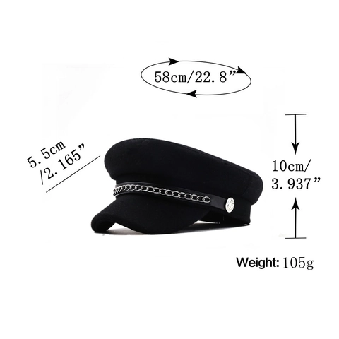Retro Newsboy Cap Woolen Felt Navy Hat With Silver Metal Chain Decorative Button Vintage British Style For Women