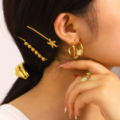 Orecchini E Ear Cuff In Acciaio Inossidabile Placcato Oro 18K Pietra Naturale Geometrica Gioielli Ipoallergenici Per Donna