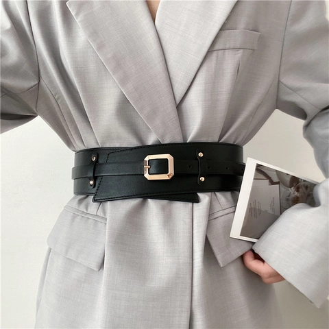 Women's Fashion Wide Corset Belt PU Leather Waist Cincher Alloy Square Buckle Studded Waistband For Dress Shirt Accessories