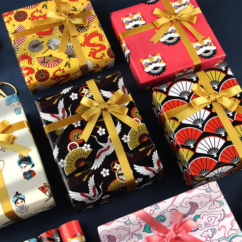 Papel de Regalo Estucado con Dragón Chino Nube Grulla Abanico Estilo Tradicional Papel para Caja de Regalo de Año Nuevo