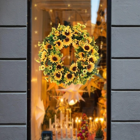 Artificial Sunflower Wreath Satin Flower Garland For Front Door Wall Hanging Decoration Farmhouse Style Ornament