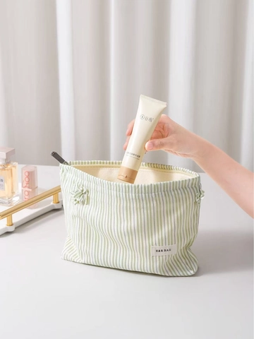 Bolsa De Maquillaje De Lona A Rayas De Gran Capacidad Organizador De Viaje Con Flor 3D Estuche De Almacenamiento Cosmético