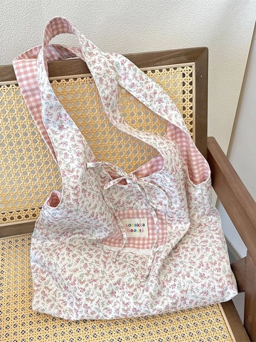Damen Florale Tragetasche Polyester Canvas Große Kapazität Handtasche Karo Patchwork Mit Schleife Spitze Süßer Zakka Stil