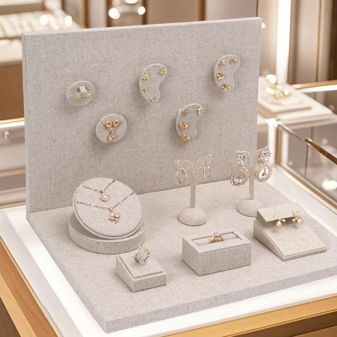Linen Wrapped Jewelry Display Stand Props For Necklace Ring Earring Retail Showcase Boutique