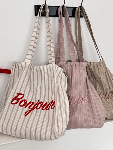 Gestreifte Polyester Canvas Tragetasche Bonjour Stickerei Kordelzug Schultertasche Damen Große Kapazität