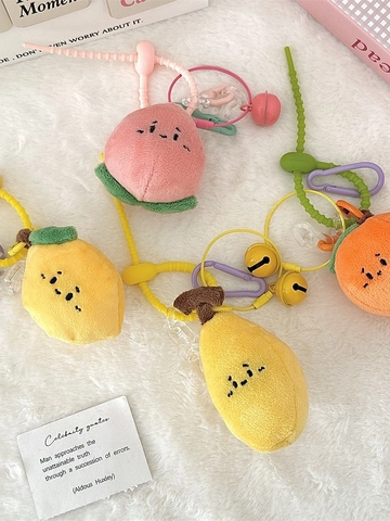 Porte-Clés En Peluche Fruits Mignons Pêche Citron Charme De Sac Avec Clochette Cordon Silicone Et Fermoir En Plastique